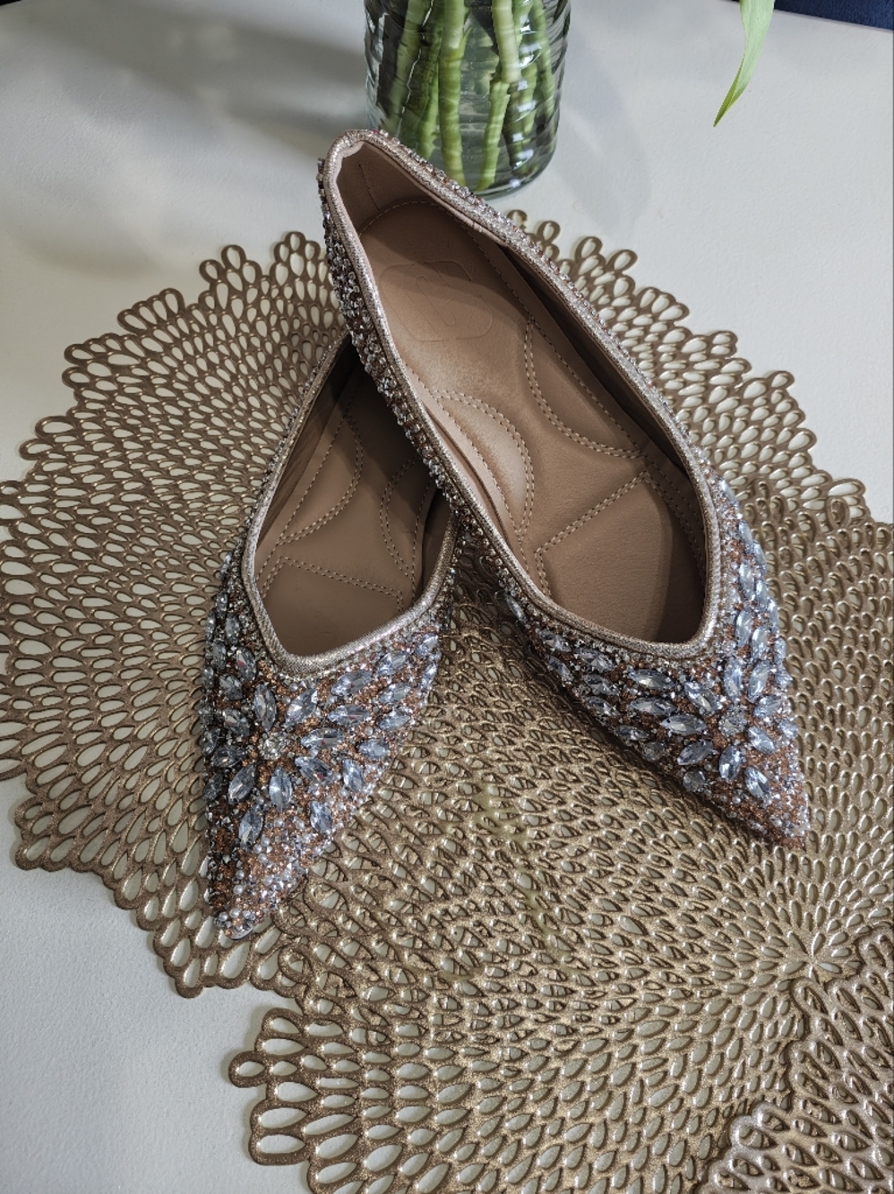 Embellished Rose Gold Pointed Toe Flats NWOT 39